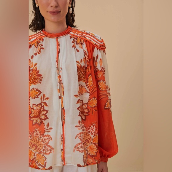 FARM RIO Orange Aura Piping Trim Organic Cotton Blouse - Picture 2 of 4
